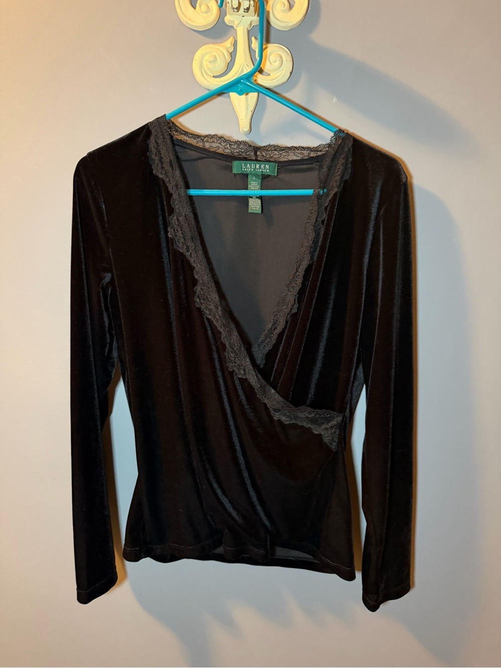 Polo by Ralph Lauren Black Velvet Lace Trim Wrap Top